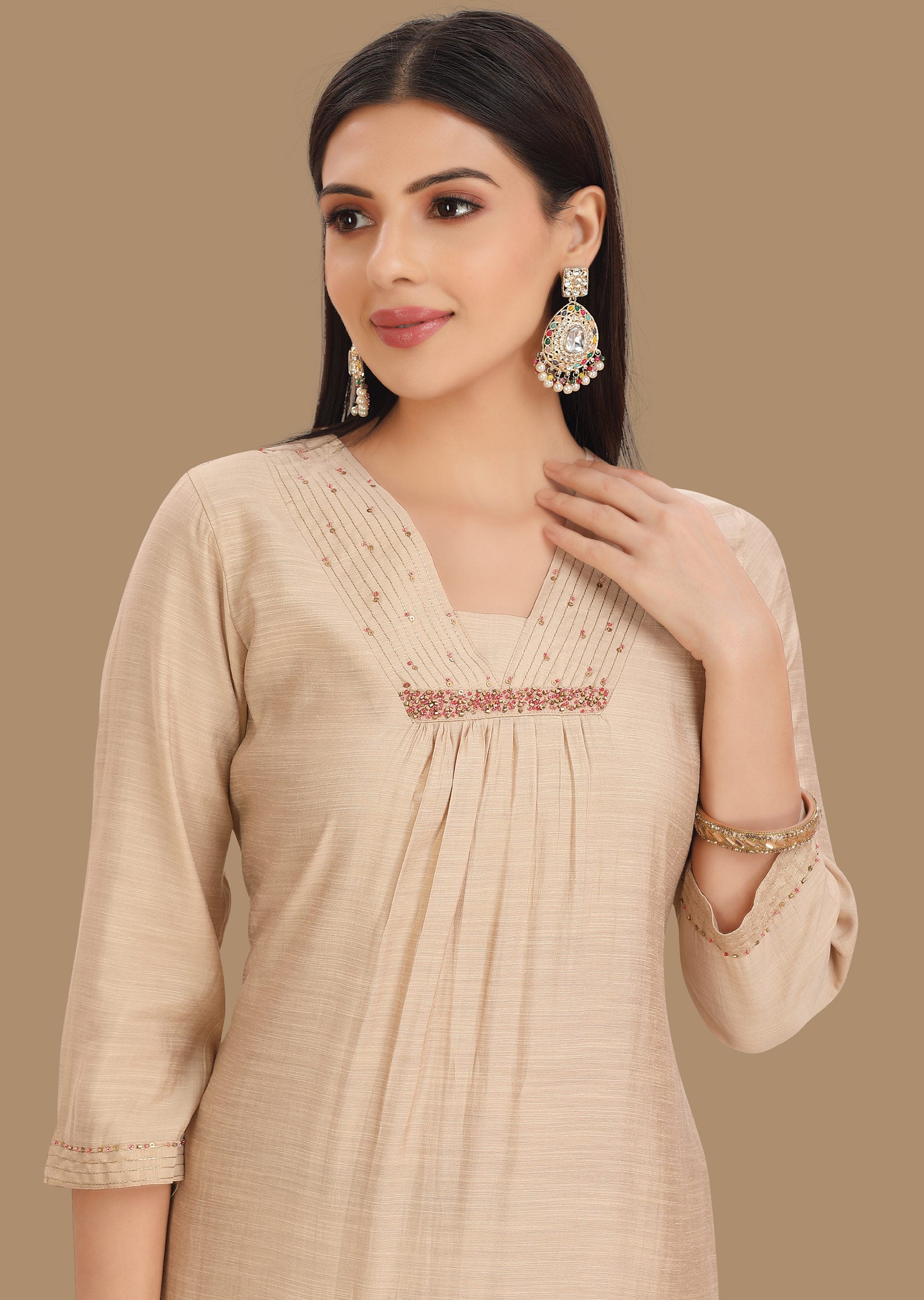 Beige Soft Silk Straight Cut Suit