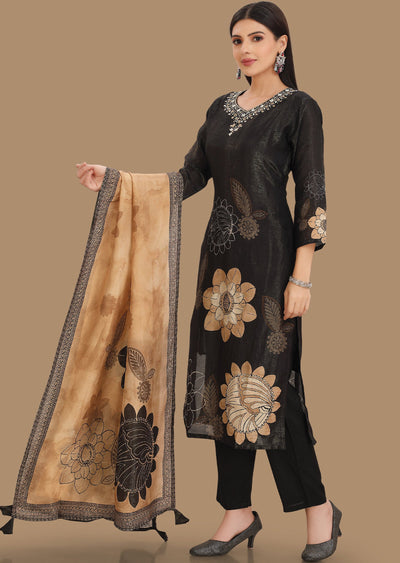 Black Shimmer Silk Straight Cut Suits