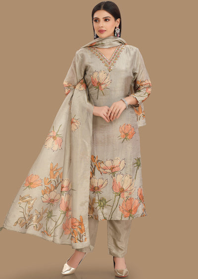 Grey Tissue Silk Straight Cut Suit