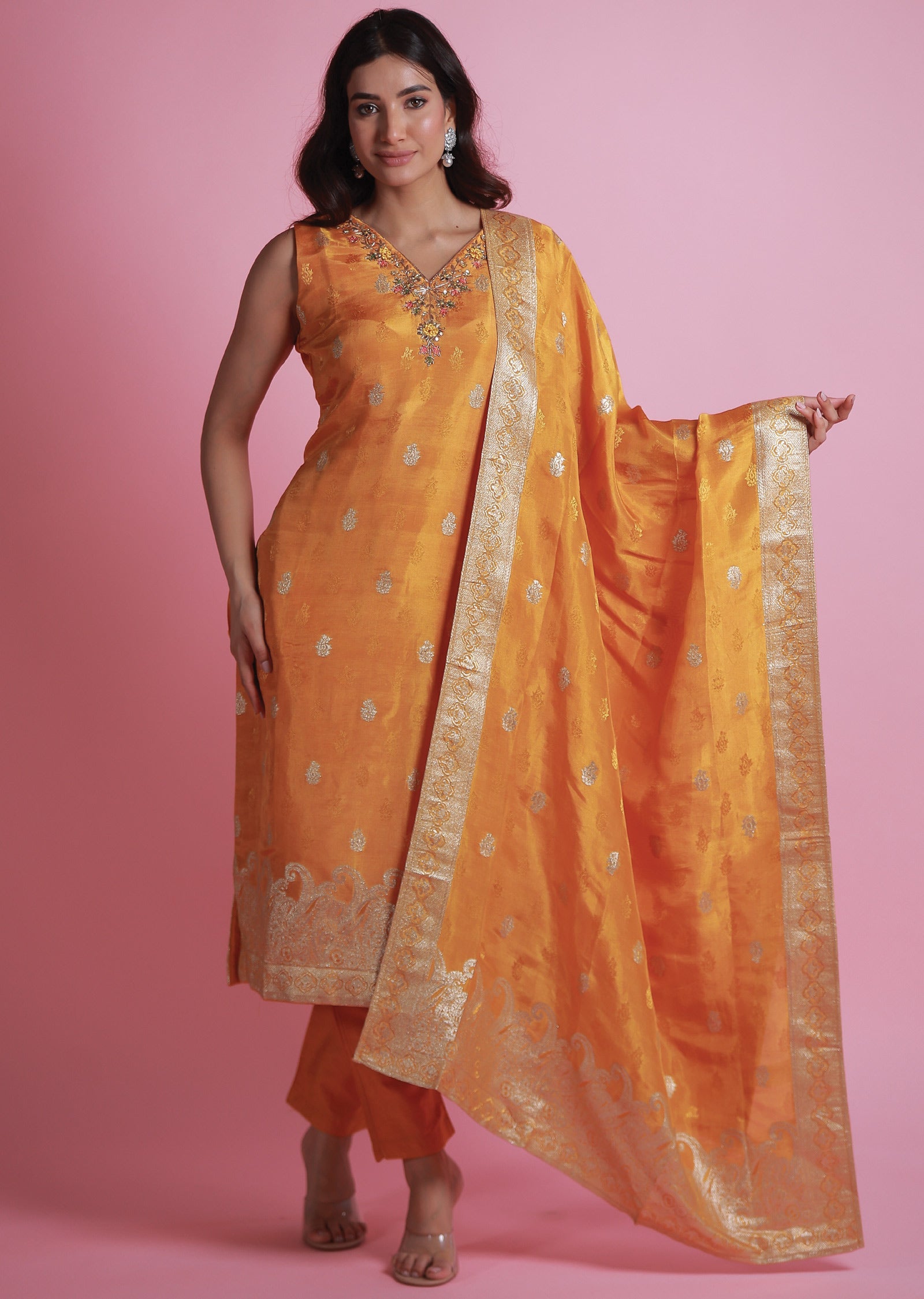 Orange Banaras Silk Straight Cut Suits