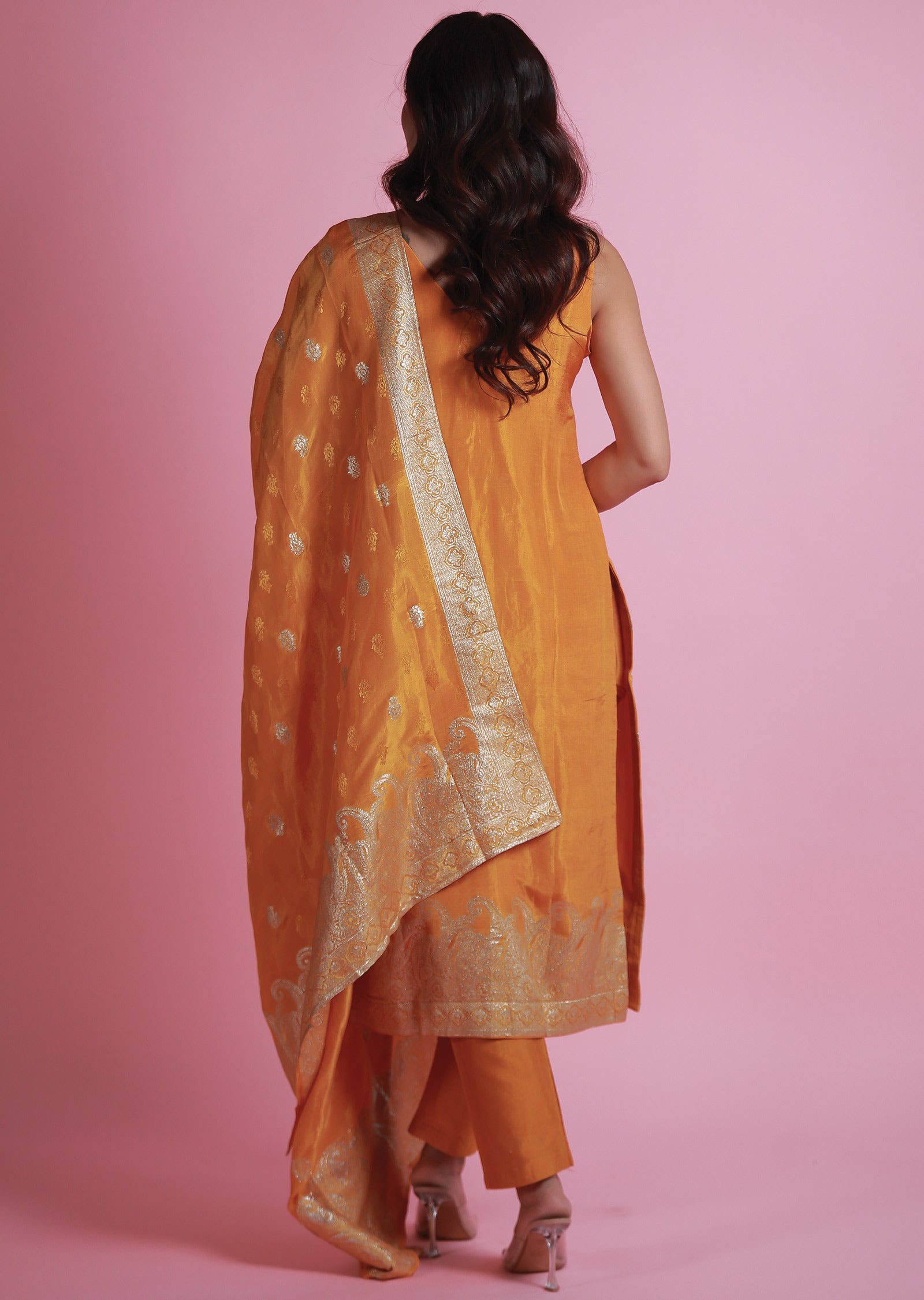 Orange Banaras Silk Straight Cut Suits