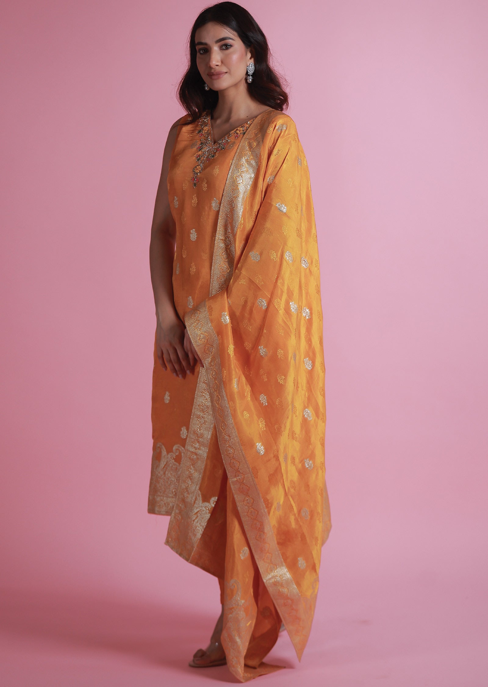 Orange Banaras Silk Straight Cut Suits