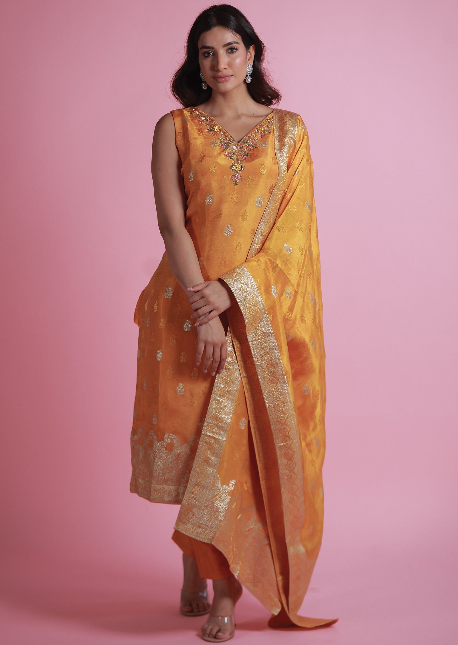 Orange Banaras Silk Straight Cut Suits