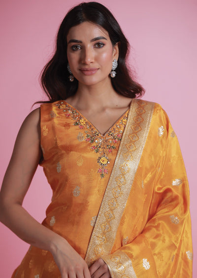 Orange Banaras Silk Straight Cut Suits