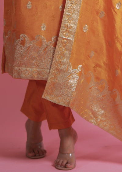 Orange Banaras Silk Straight Cut Suits