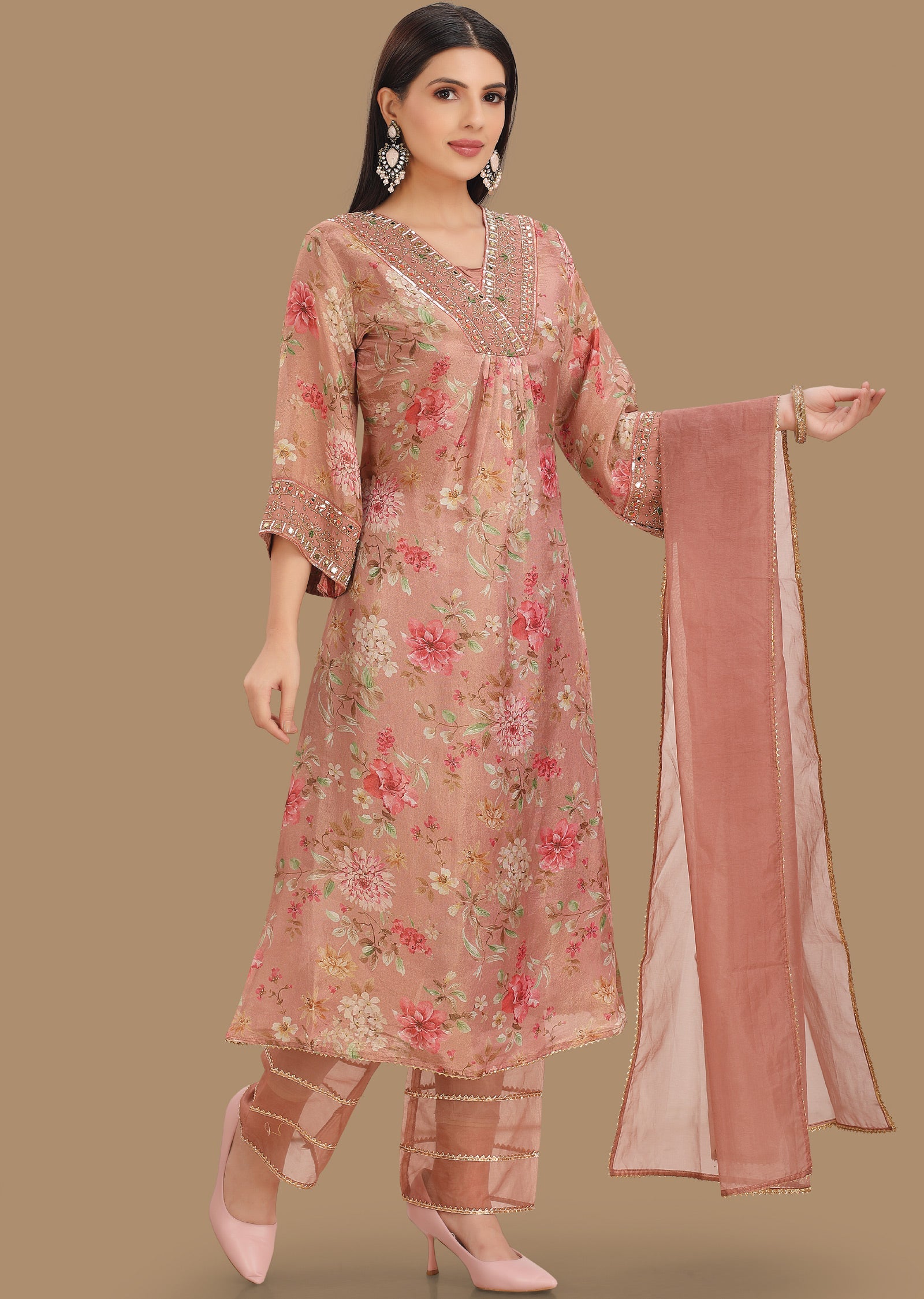 Onion Pink Tissue Silk Straight Cut Suits