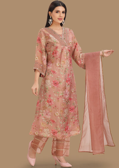 Onion Pink Tissue Silk Straight Cut Suits