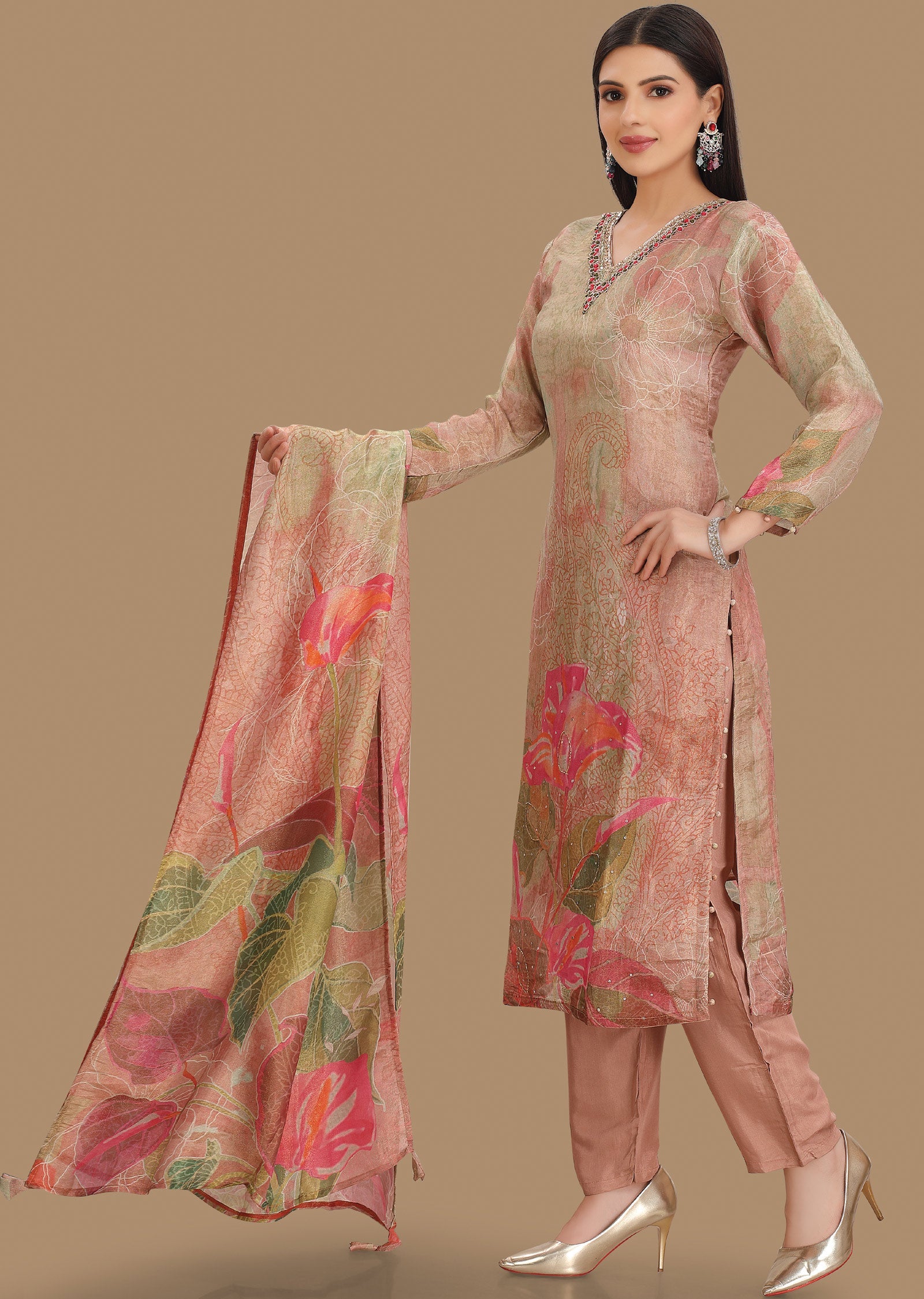 Dusty Peach Tissue Silk Straight Cut Suits