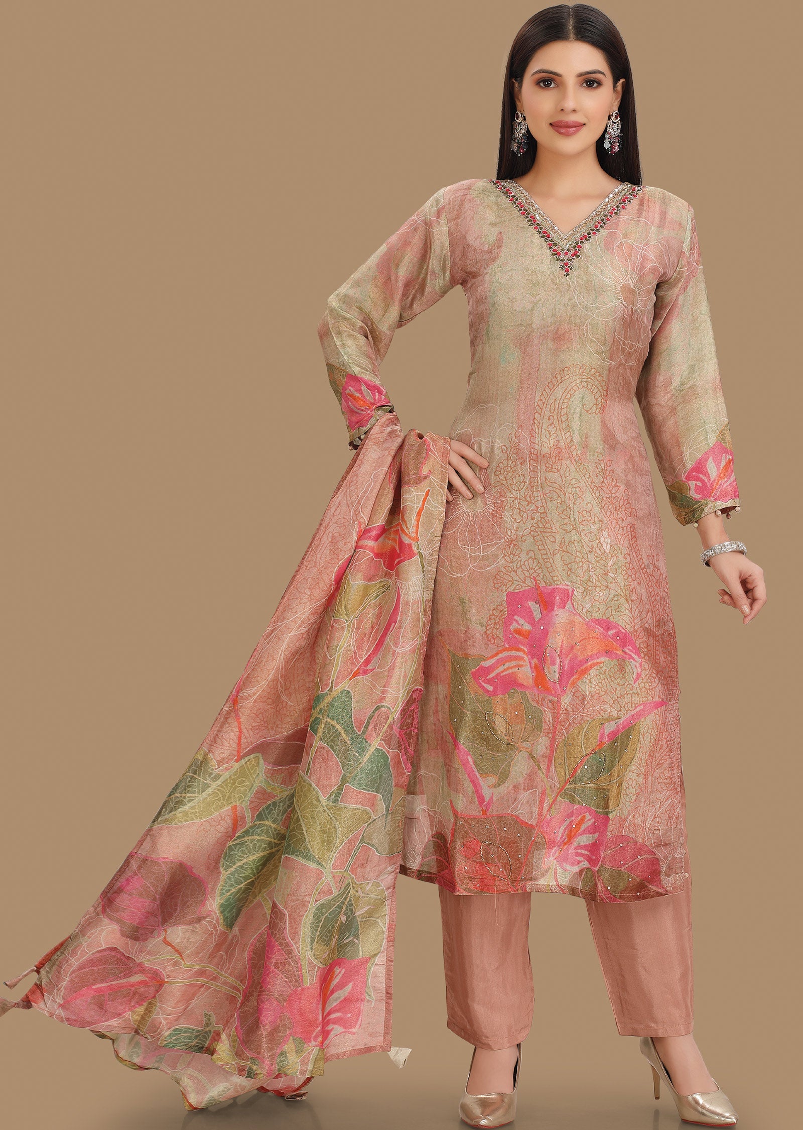 Dusty Peach Tissue Silk Straight Cut Suits