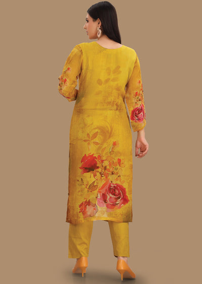 Yellow Organza Straight Cut Suits