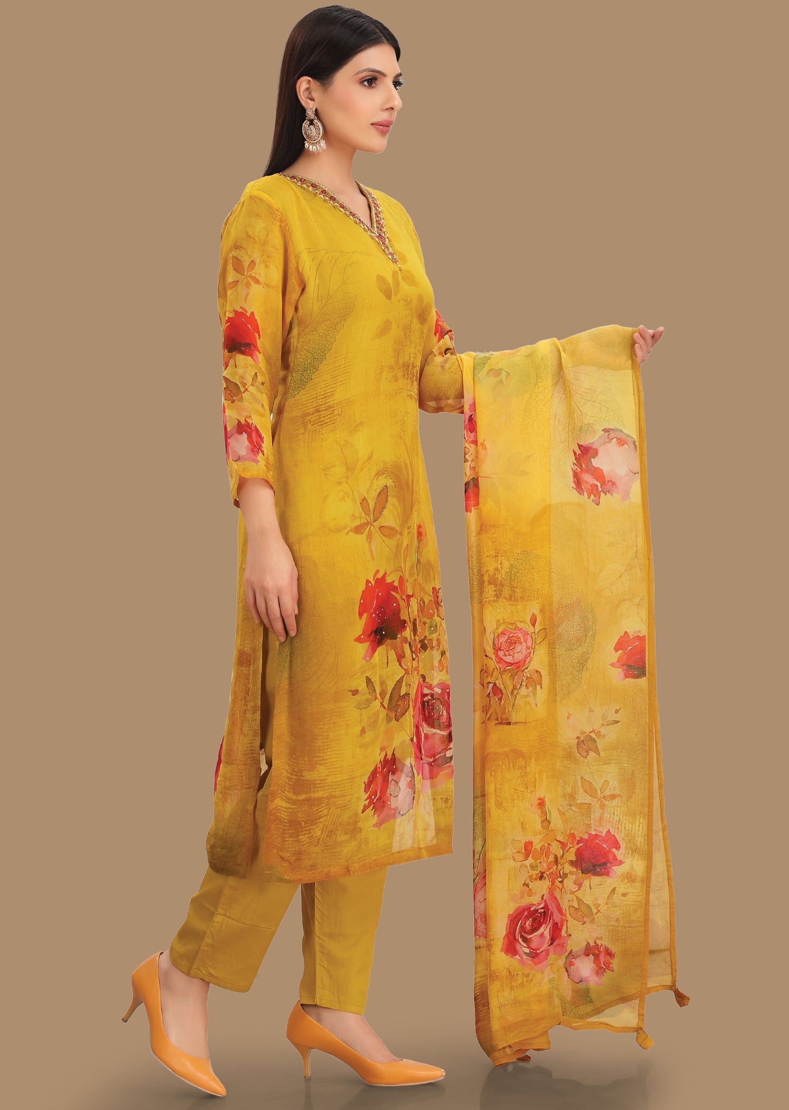 Yellow Organza Straight Cut Suits