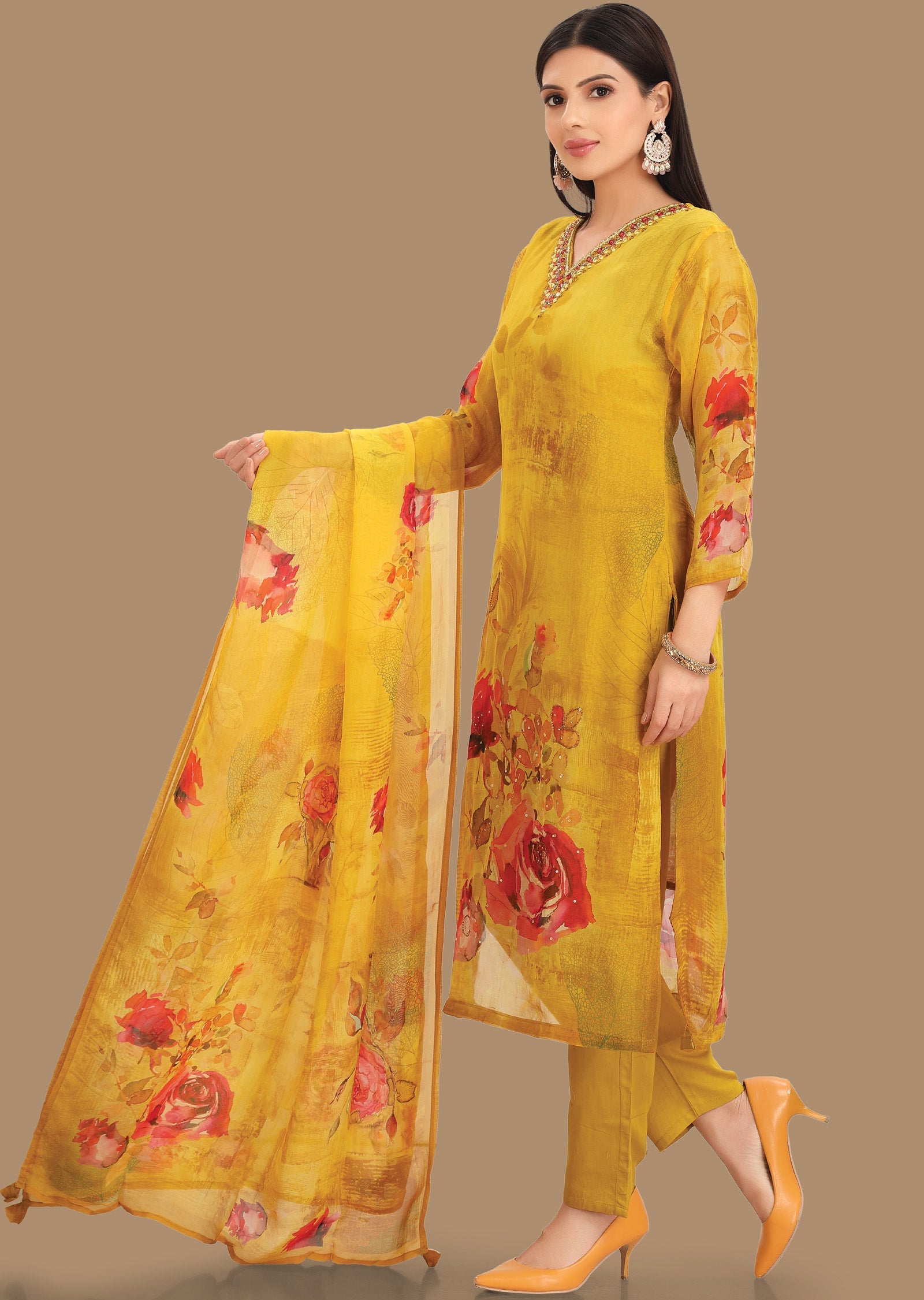 Yellow Organza Straight Cut Suits