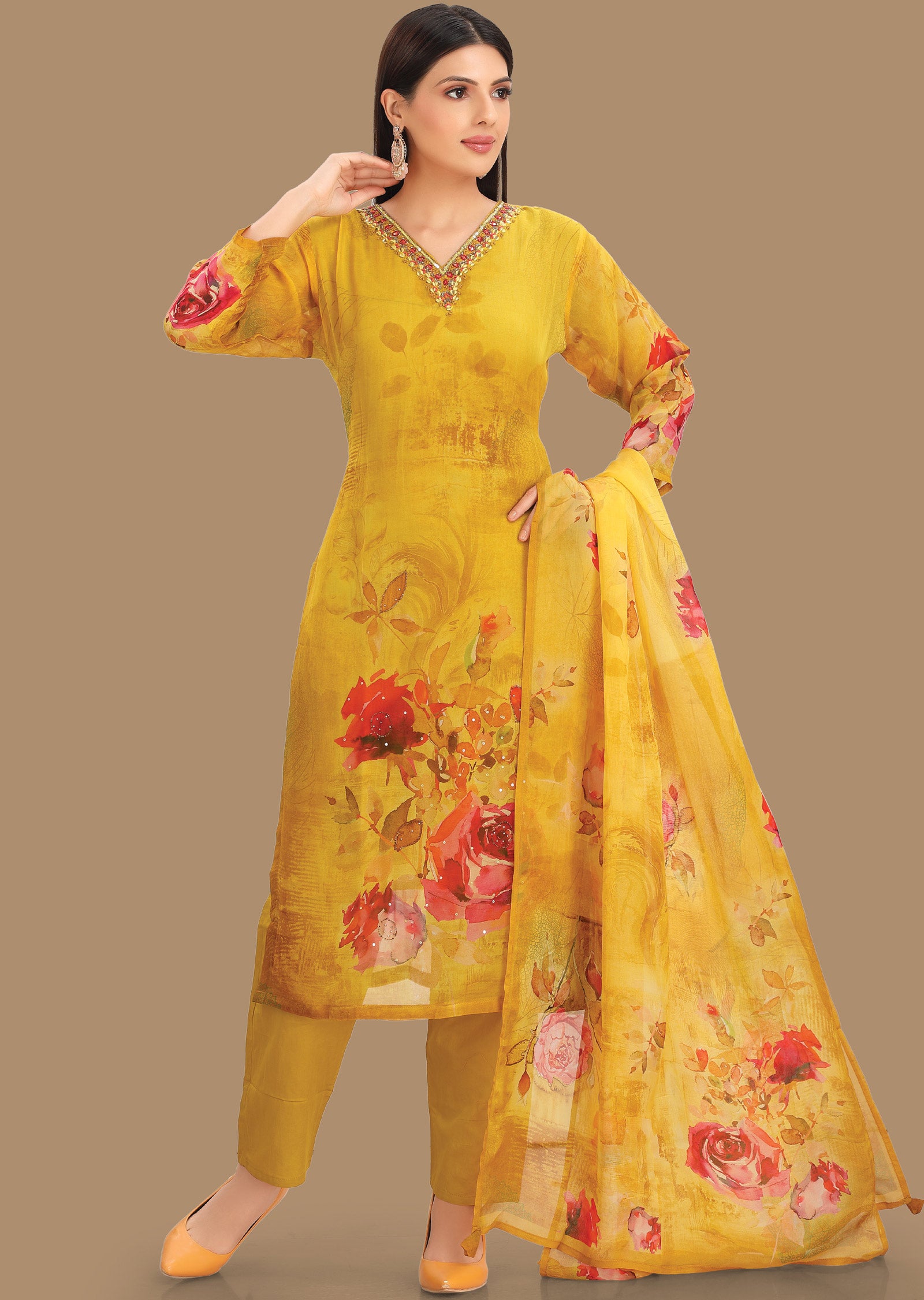 Yellow Organza Straight Cut Suit