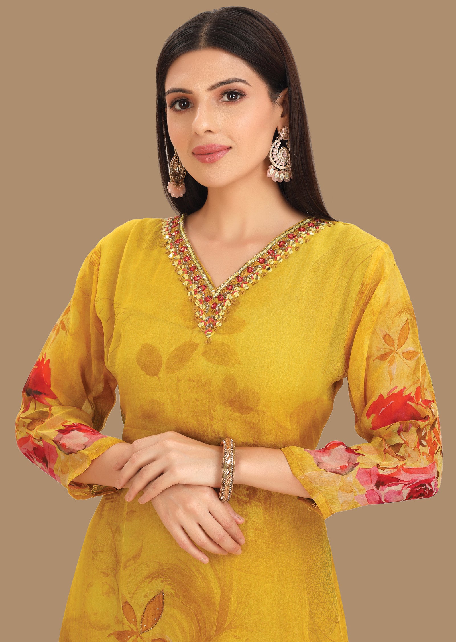 Yellow Organza Straight Cut Suit