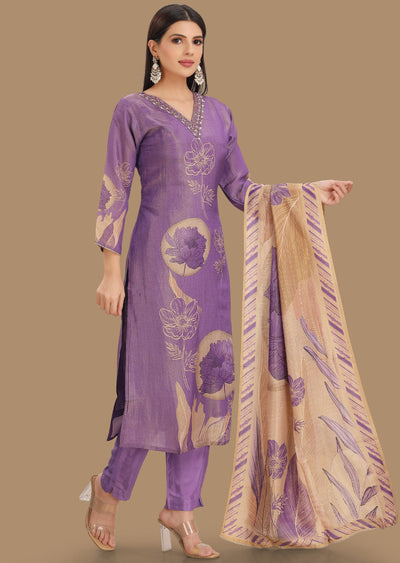 Lavender Tissue Silk Straight Cut Suits