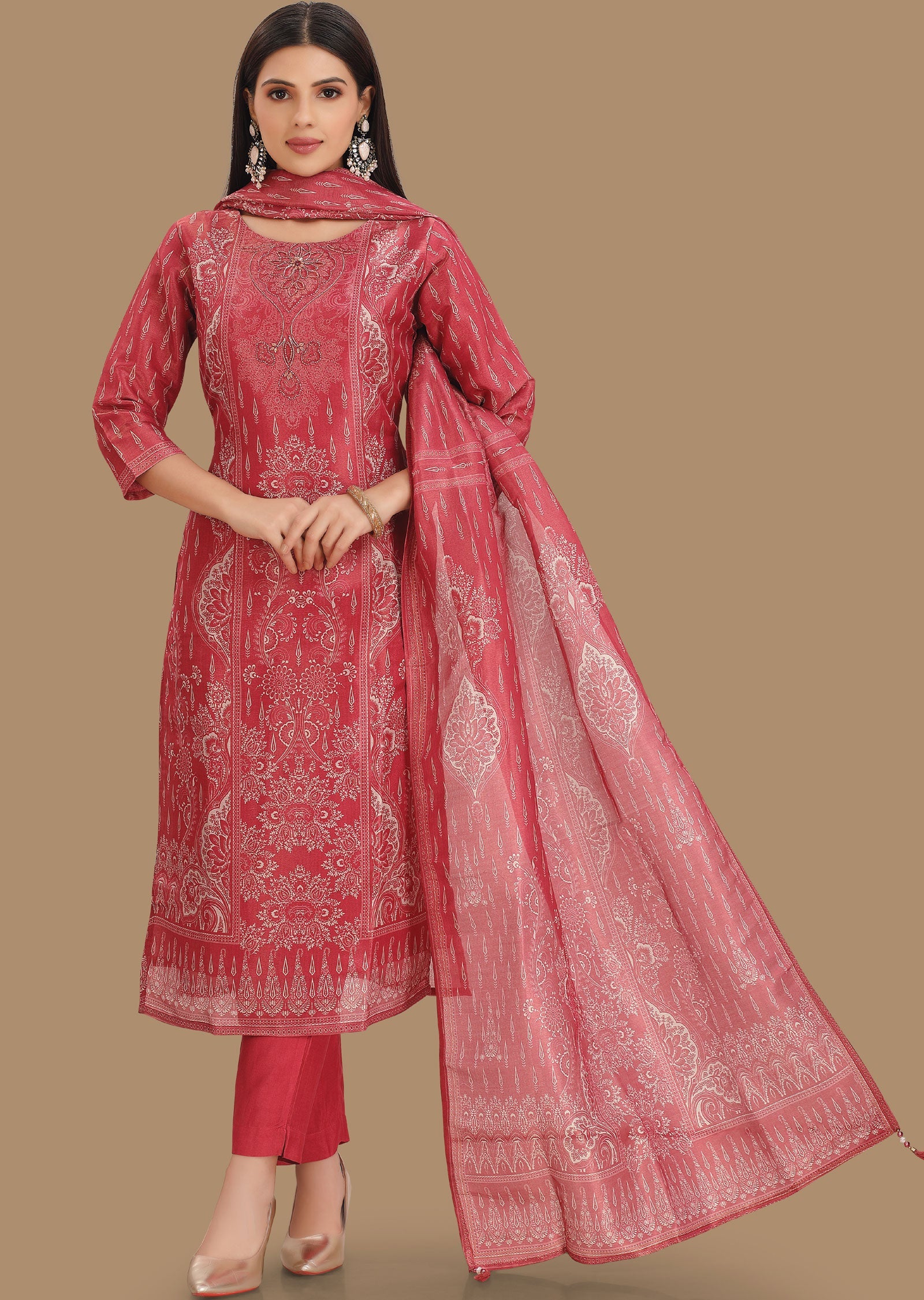 Dark Pink Tissue Silk Straight Cut Suits