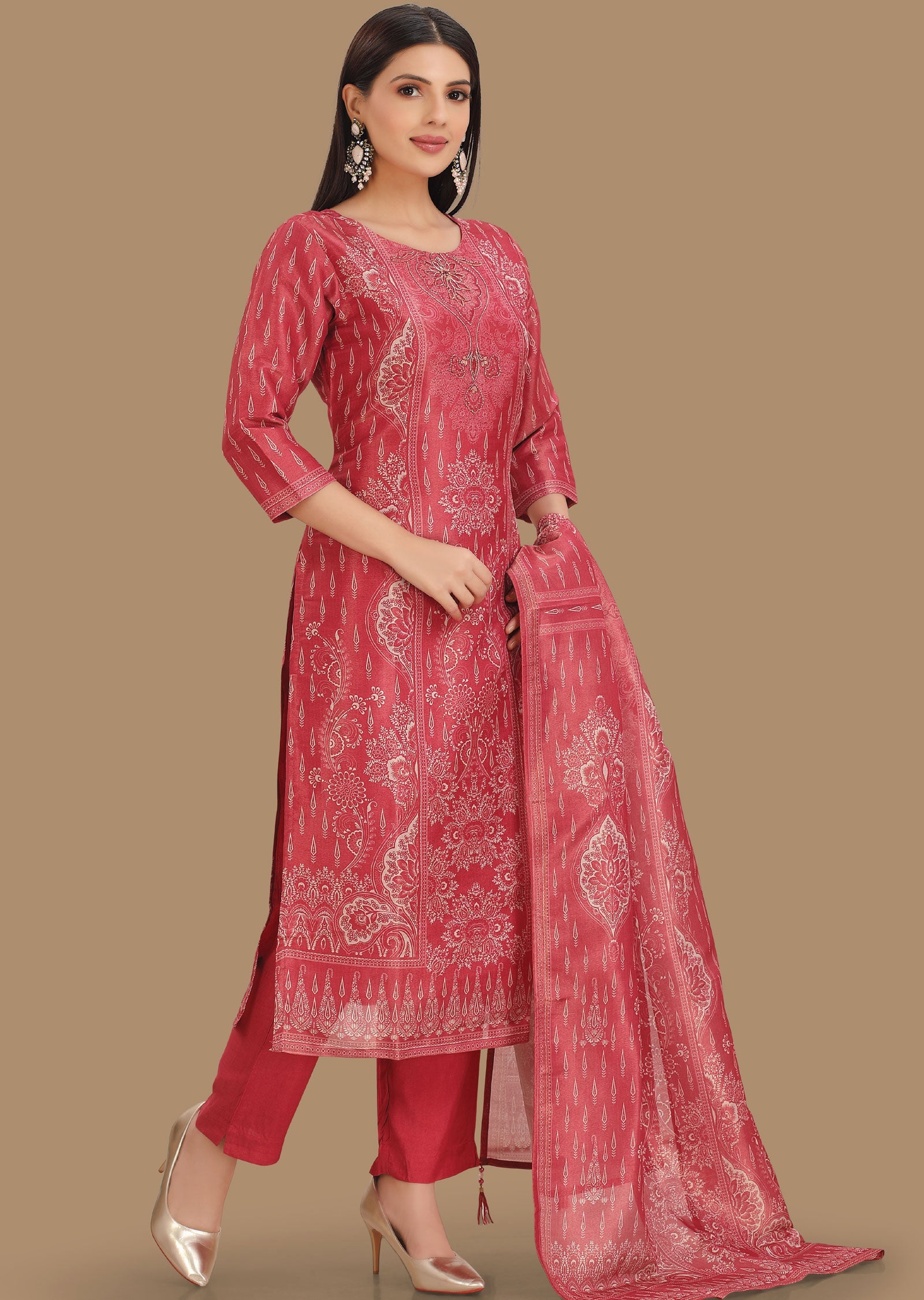 Dark Pink Tissue Silk Straight Cut Suits