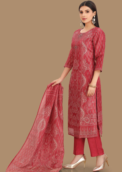 Dark Pink Tissue Silk Straight Cut Suits