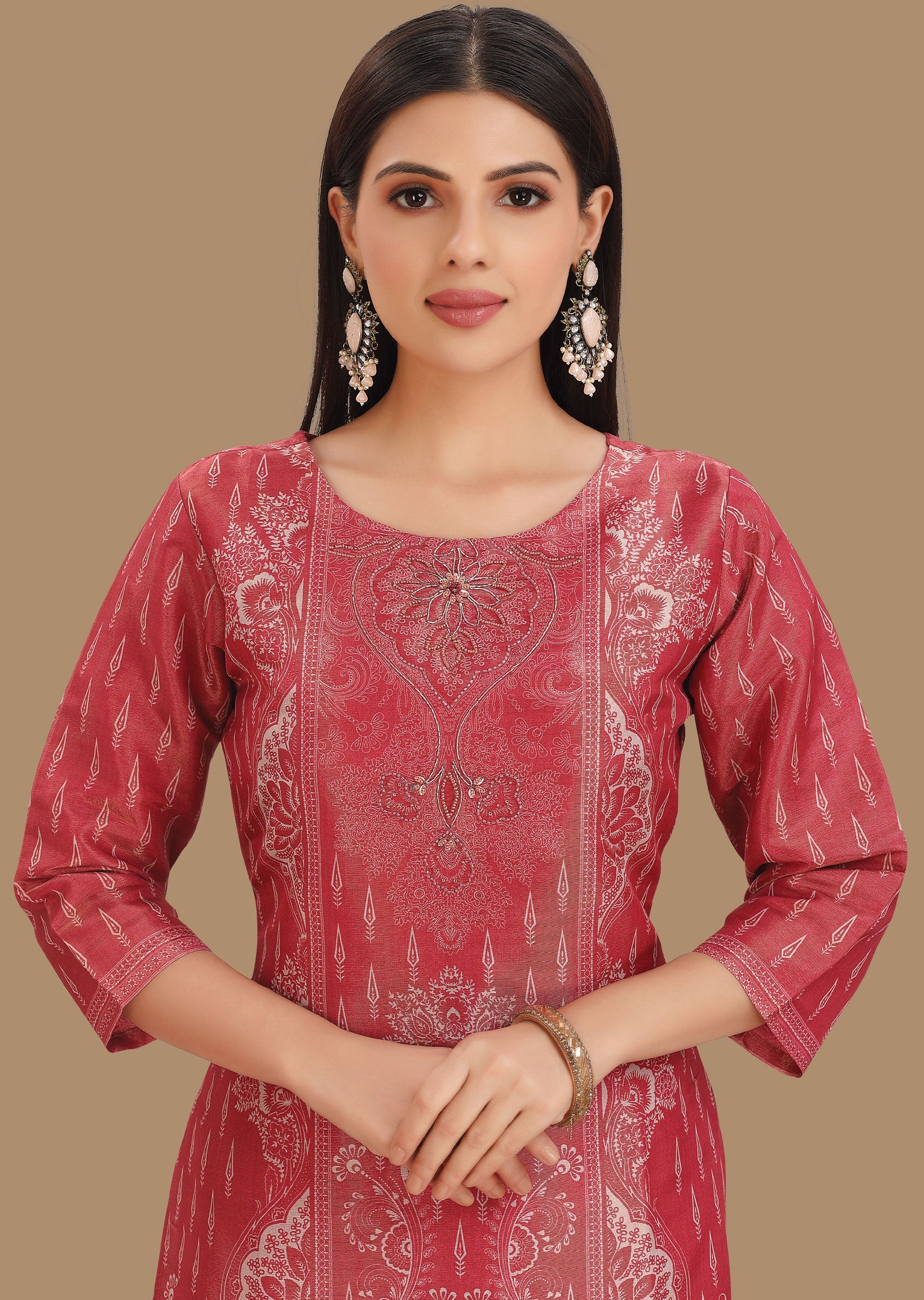 Dark Pink Tissue Silk Straight Cut Suits