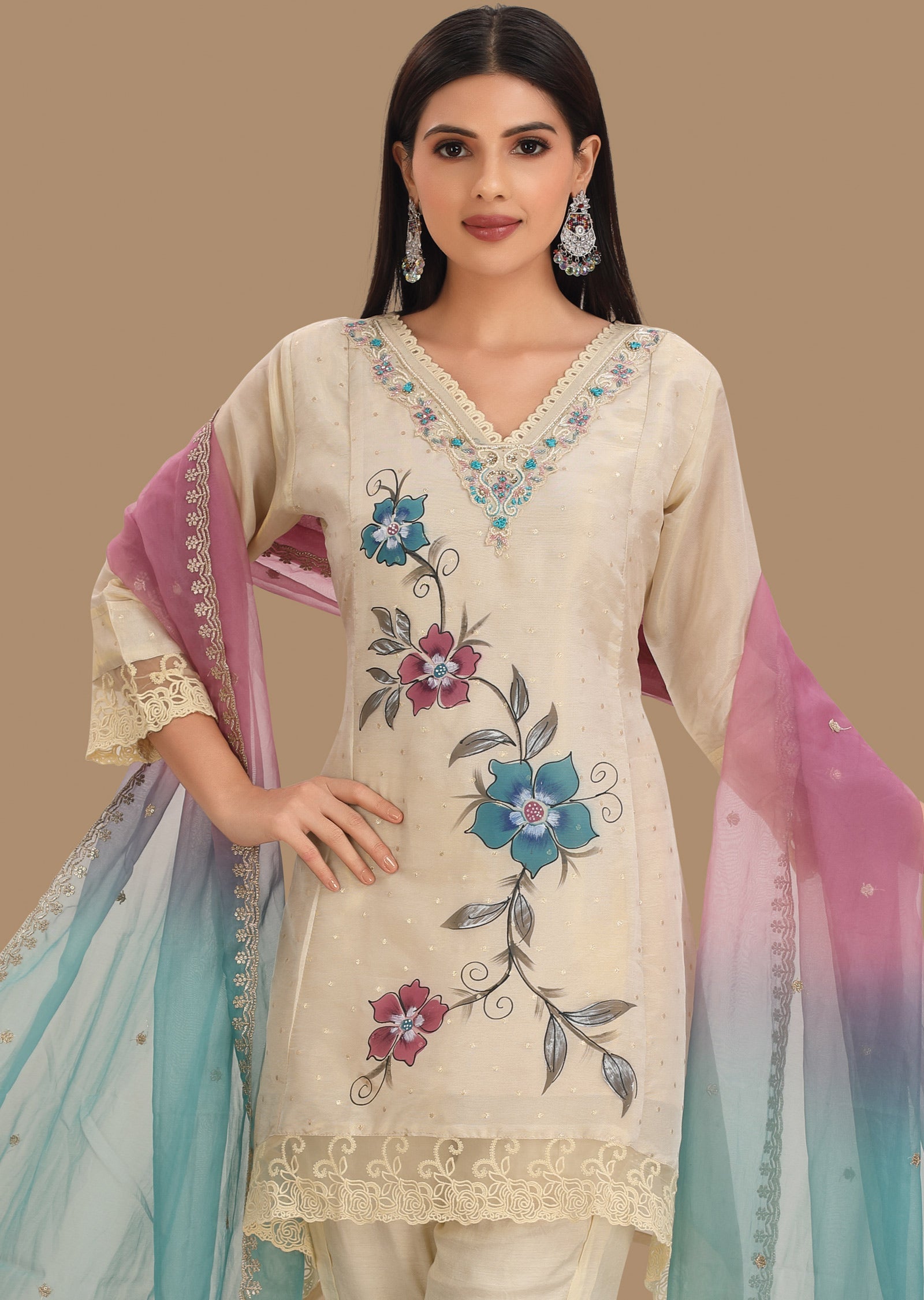 Cream Banaras Tissue Silk Straight Cut Suits