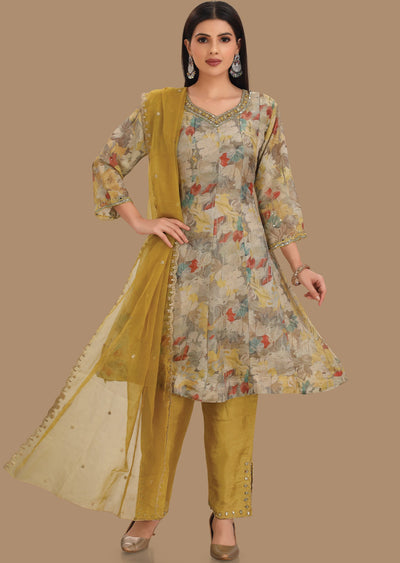 Grey & Mustard Tissue Silk Straight Cut Suits