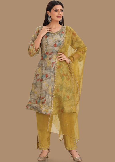 Grey & Mustard Tissue Silk Straight Cut Suits