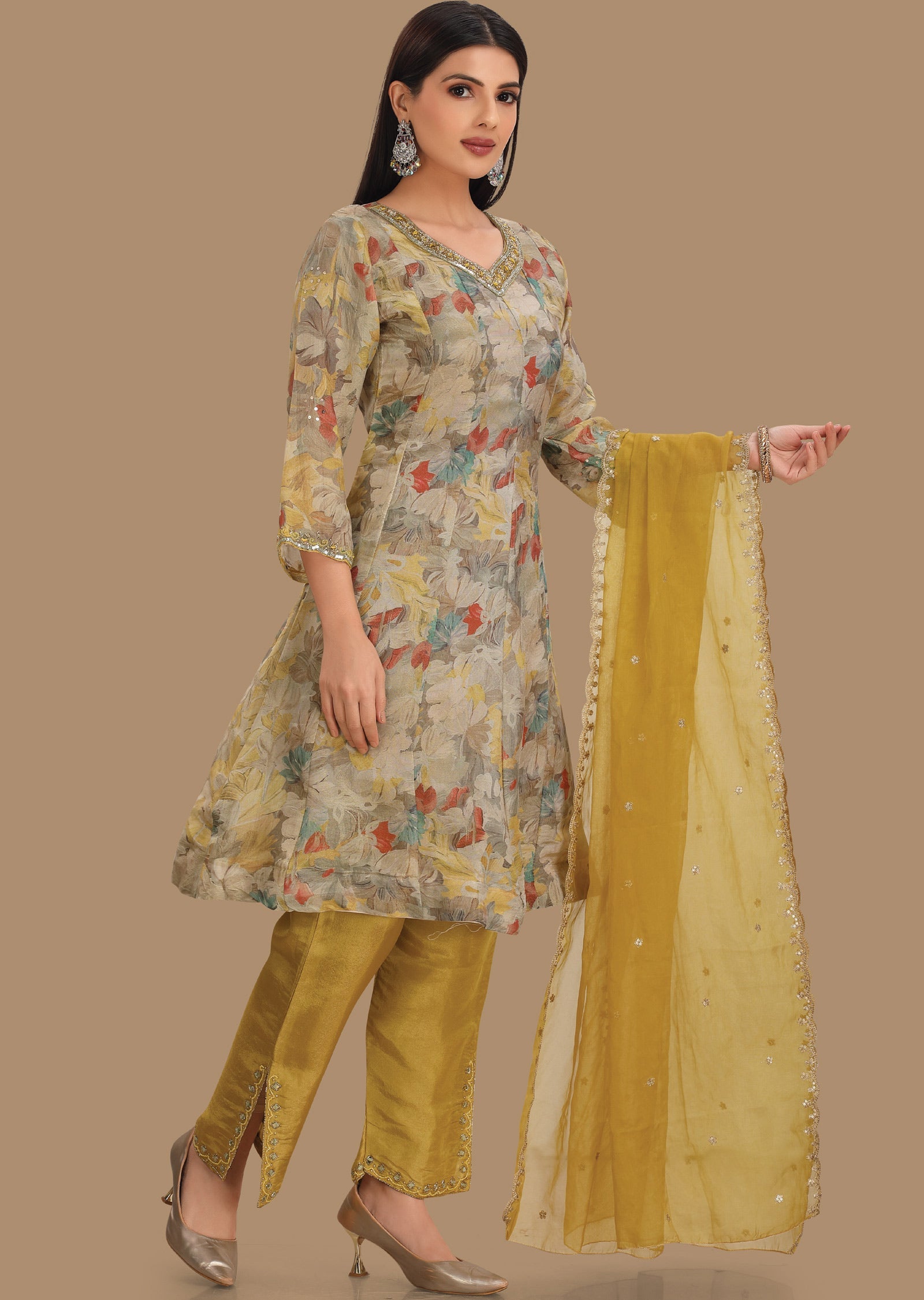 Grey & Mustard Tissue Silk Straight Cut Suits