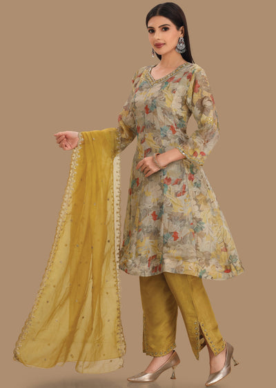 Grey & Mustard Tissue Silk Straight Cut Suits