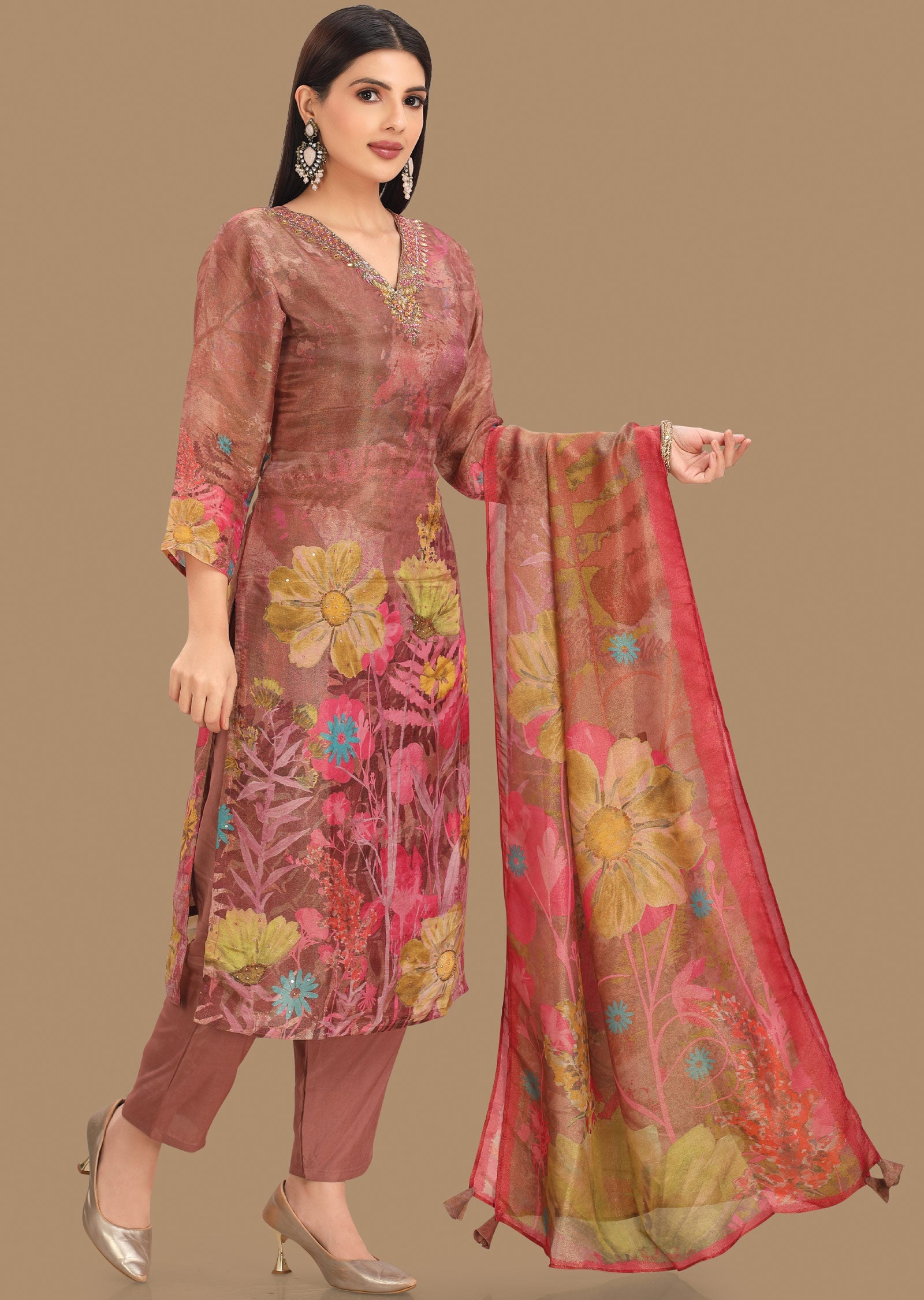 Dark Onion Pink Tissue Silk Straight Cut Suits