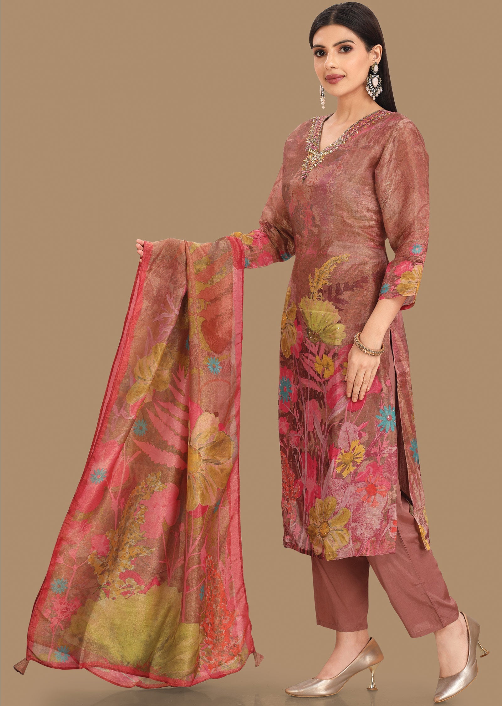 Dark Onion Pink Tissue Silk Straight Cut Suits