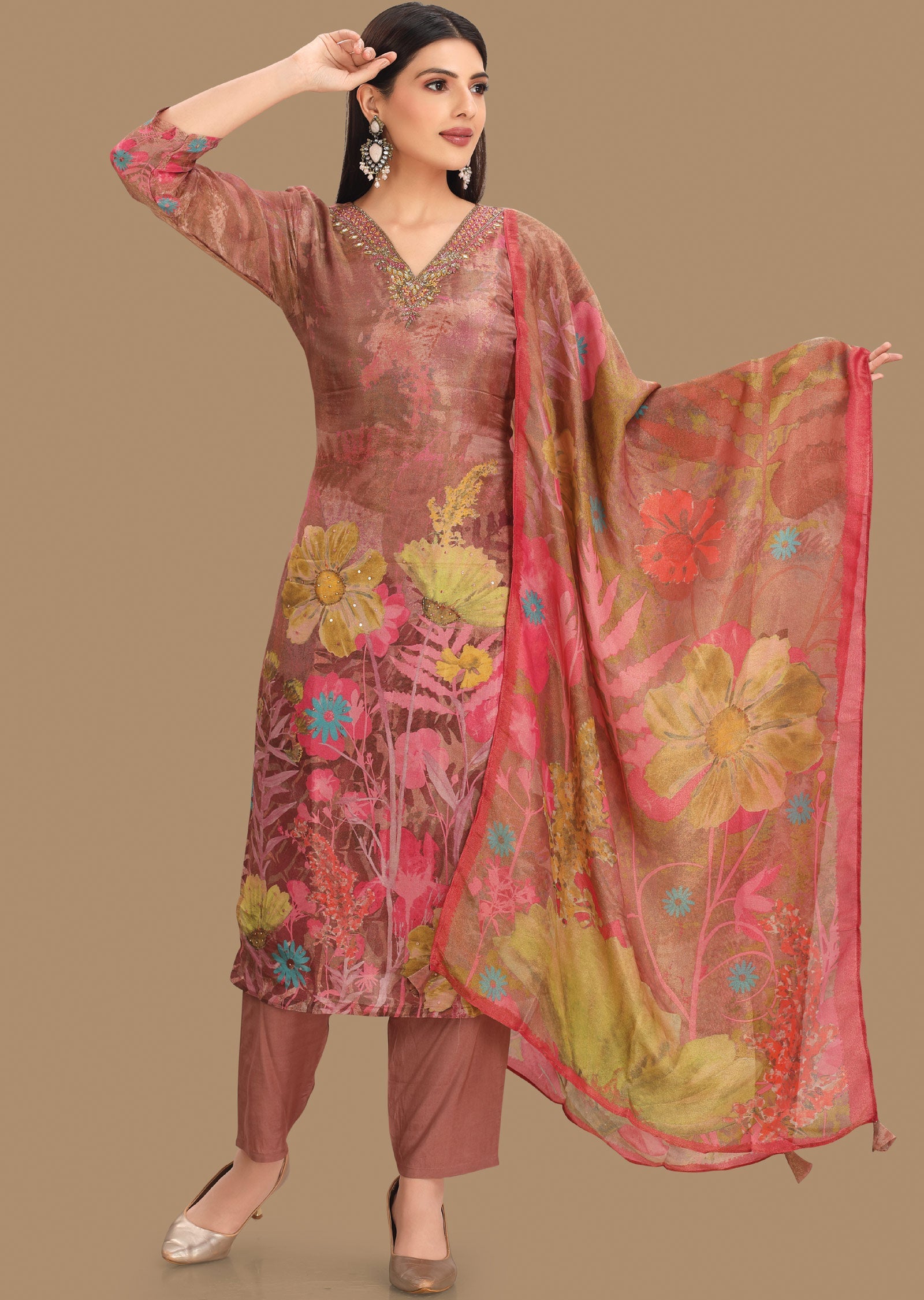 Dark Onion Pink Tissue Silk Straight Cut Suits