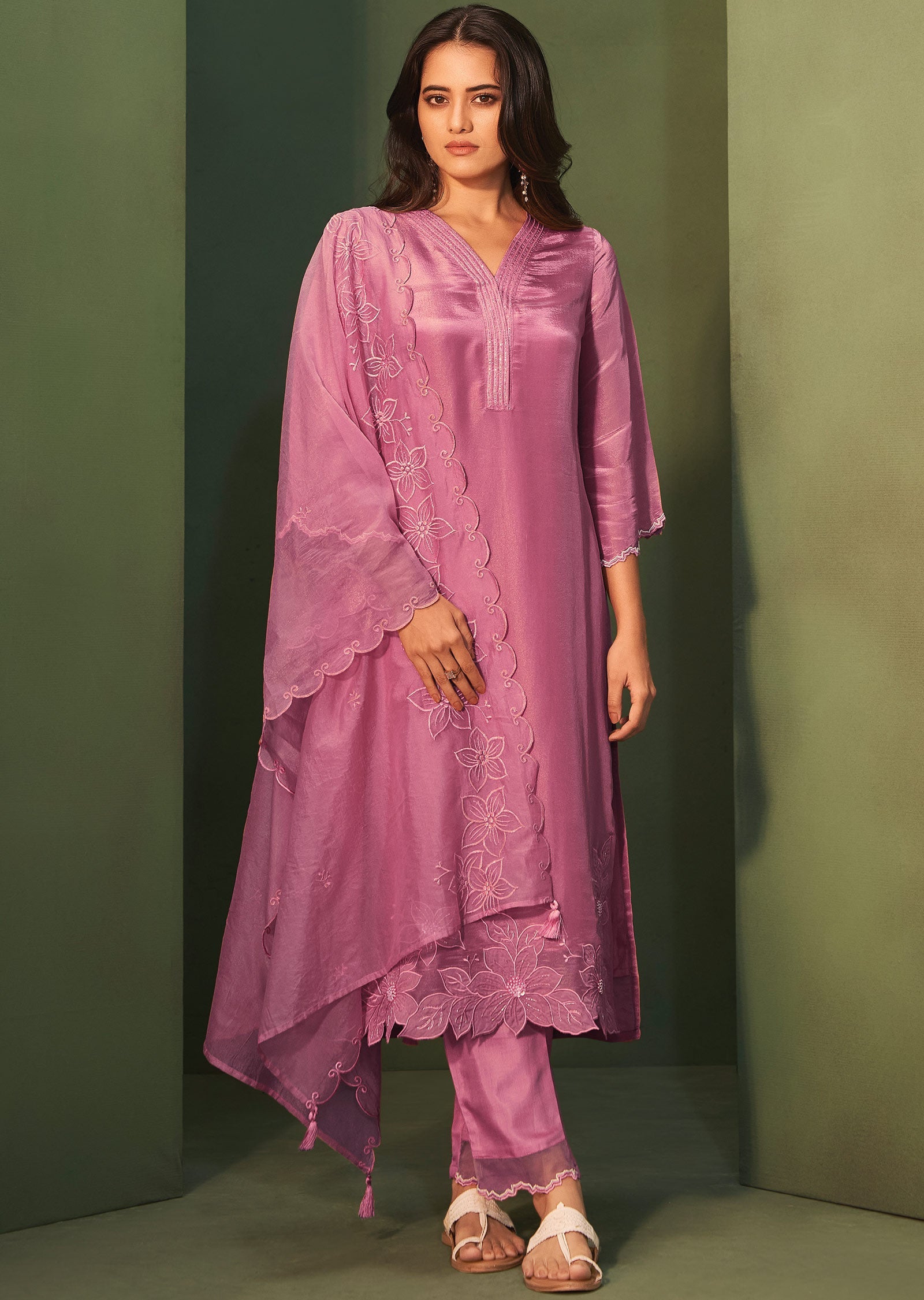 Pink Tissue Silk Straight Cut Suits