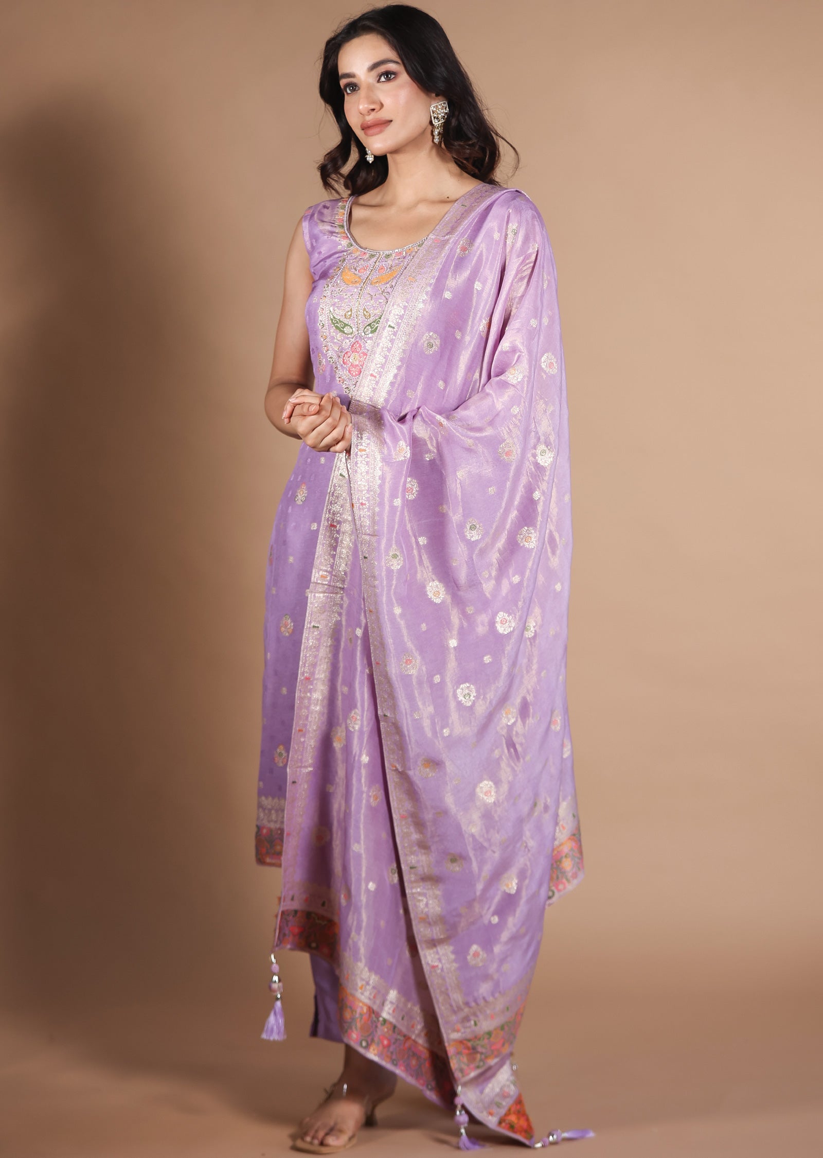 Lavender Banarasi Silk Straight Cut suit