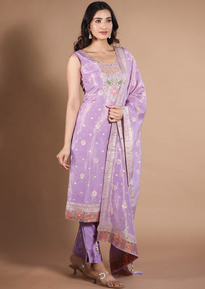 Lavender Banarasi Silk Straight Cut suit