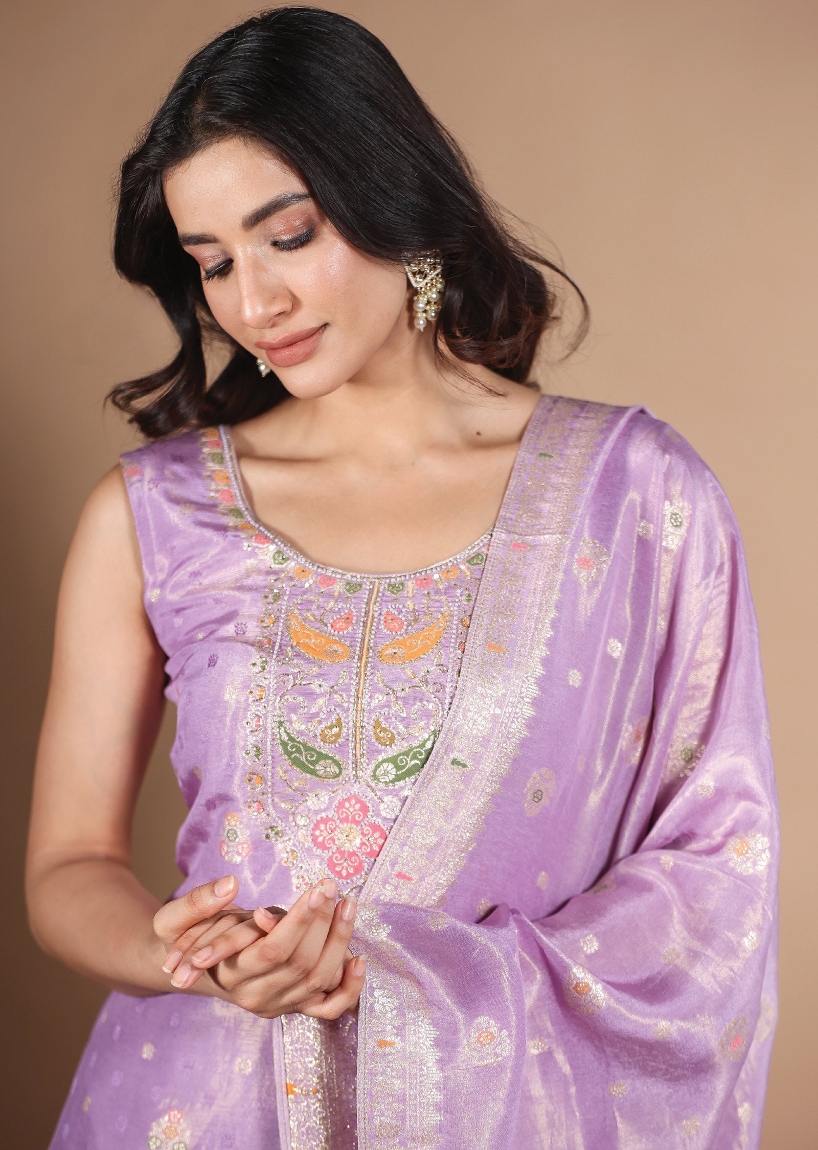 Lavender Banarasi Silk Straight Cut suit