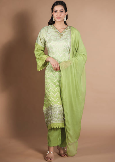 Pista & Parrot Green Banarasi Tissue Straight Cut suit