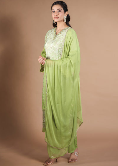 Pista & Parrot Green Banarasi Tissue Straight Cut suit