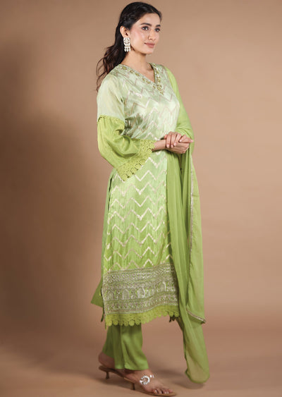 Pista & Parrot Green Banarasi Tissue Straight Cut suit