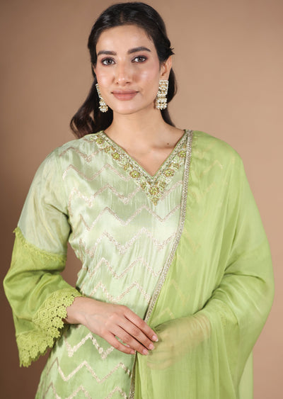 Pista & Parrot Green Banarasi Tissue Straight Cut suit