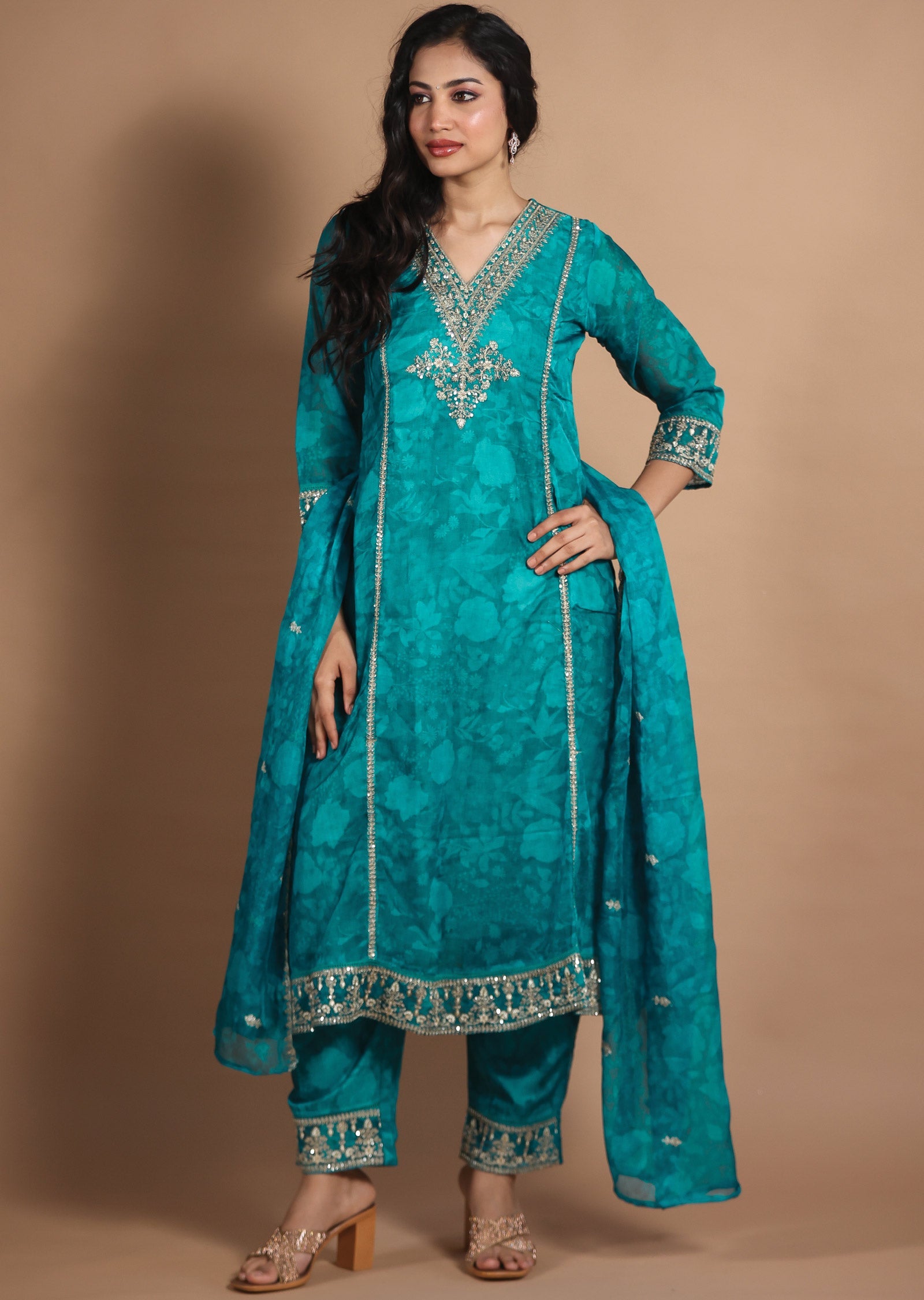 Rama Green Organza Straight Cut Suits