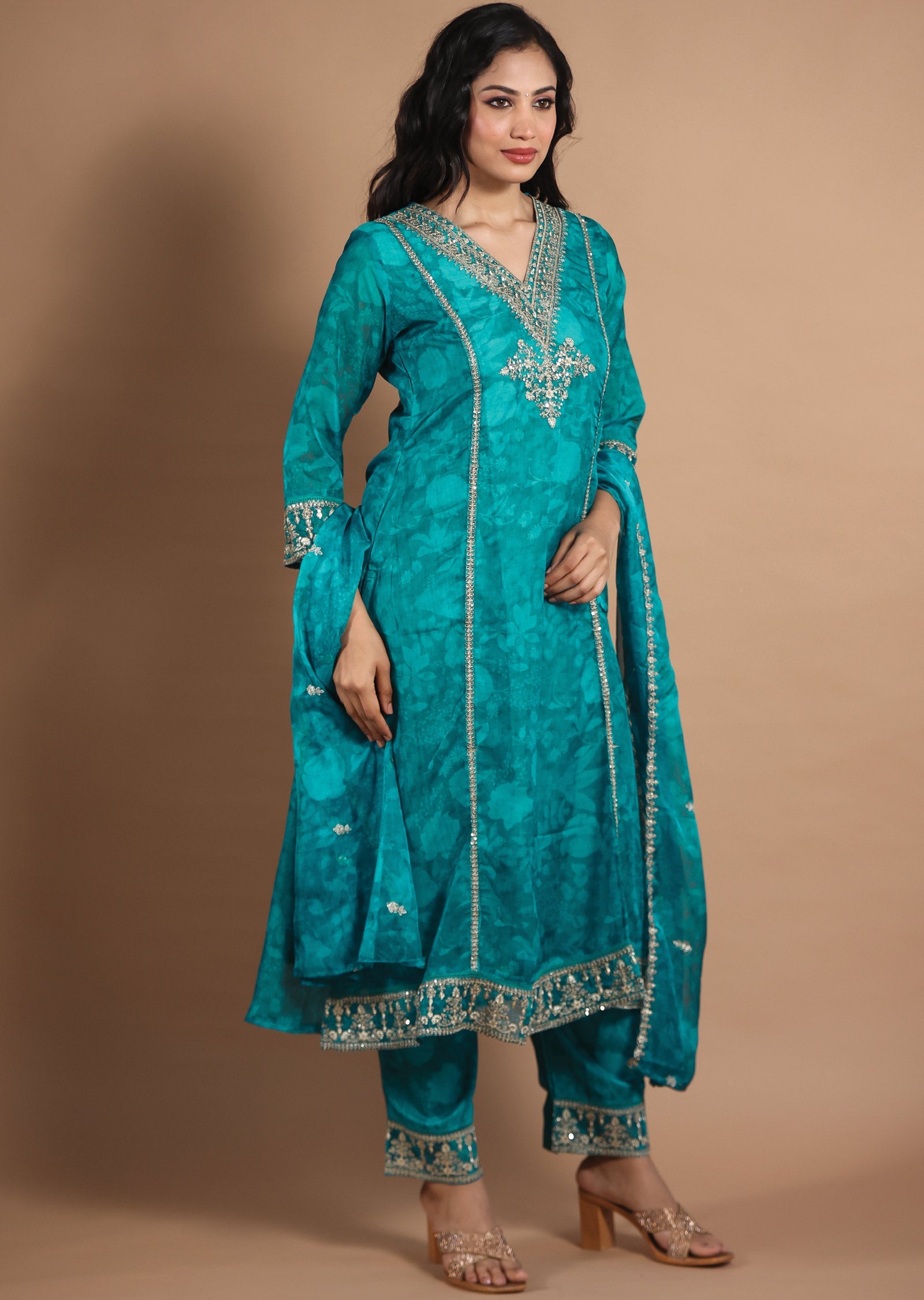 Rama Green Organza Straight Cut Suits