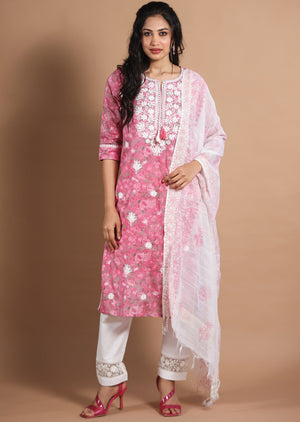 Pink Cotton Straight Cut Suit