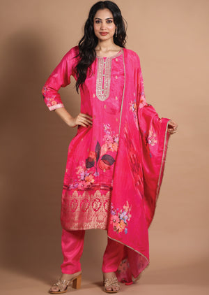 Rani Pink Banaras Silk Straight Cut Suit