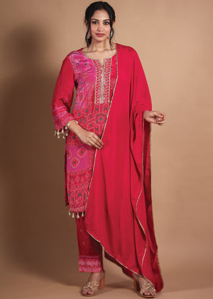 Red & Pink Crepe Straight Cut Suit