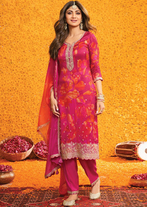 Rani Pink Banarasi Silk Straight Cut Suit