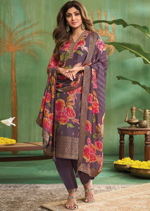 Dusty Lavender Banarasi Silk Straight Cut Suit