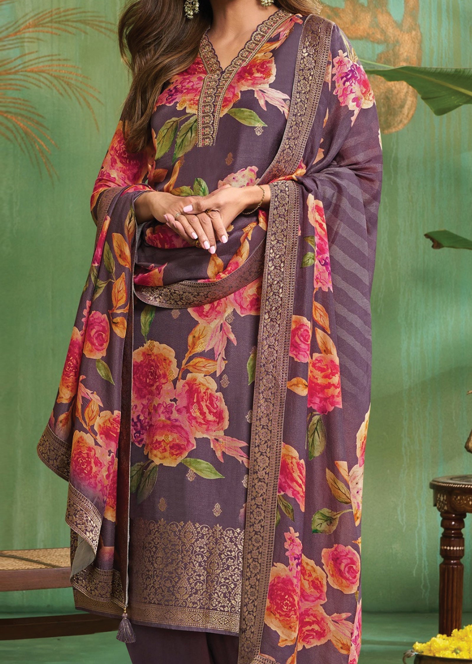 Dusty Lavender Banarasi Silk Straight Cut Suit