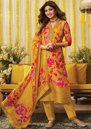 Mustard Banarasi Silk Straight Cut Suit