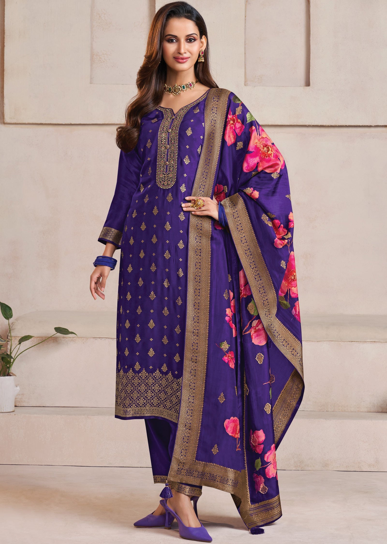 Purple Banarasi Silk Straight Cut Suit