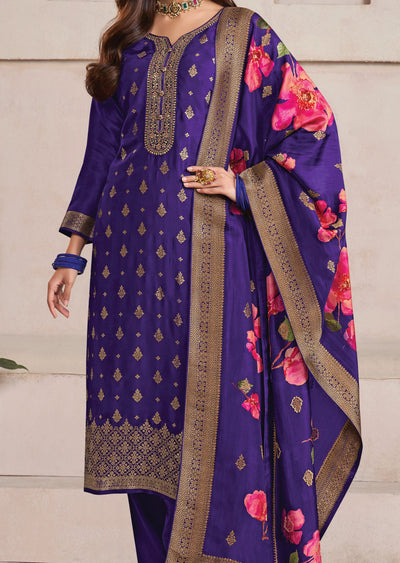 Purple Banarasi Silk Straight Cut Suit